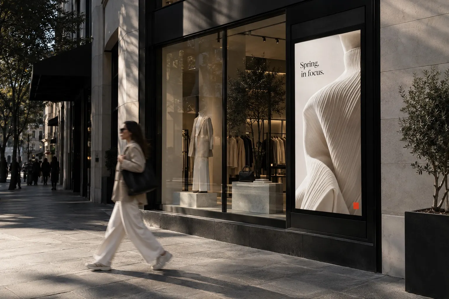 A woman walks past a shop window with a digital screen showing a spring campaign.