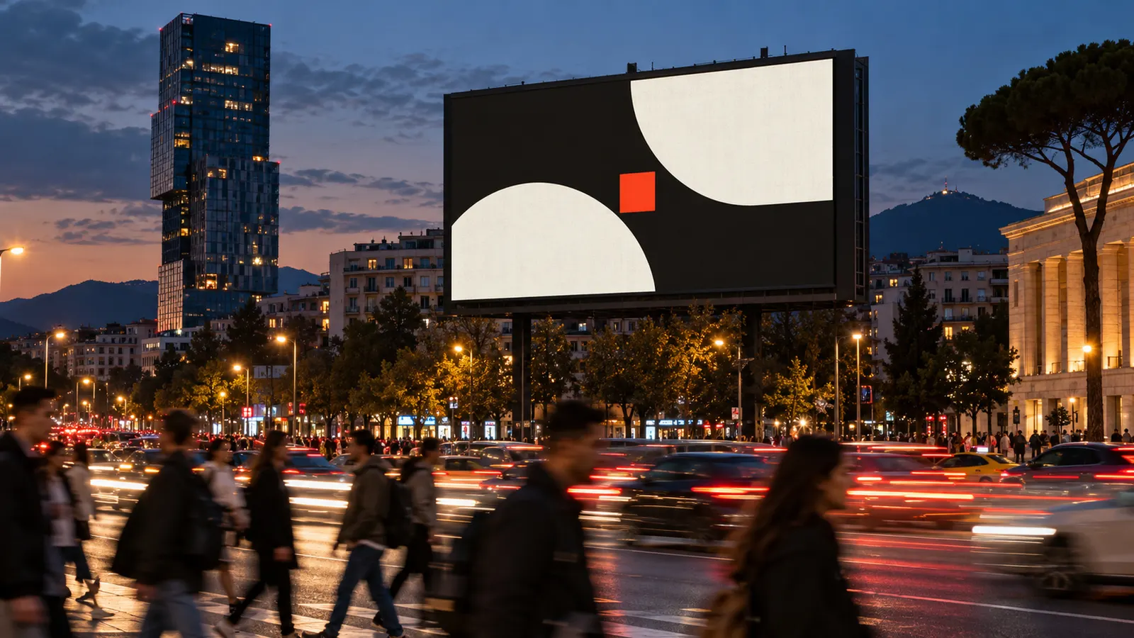 A large digital billboard above a busy Tirana boulevard at dusk.