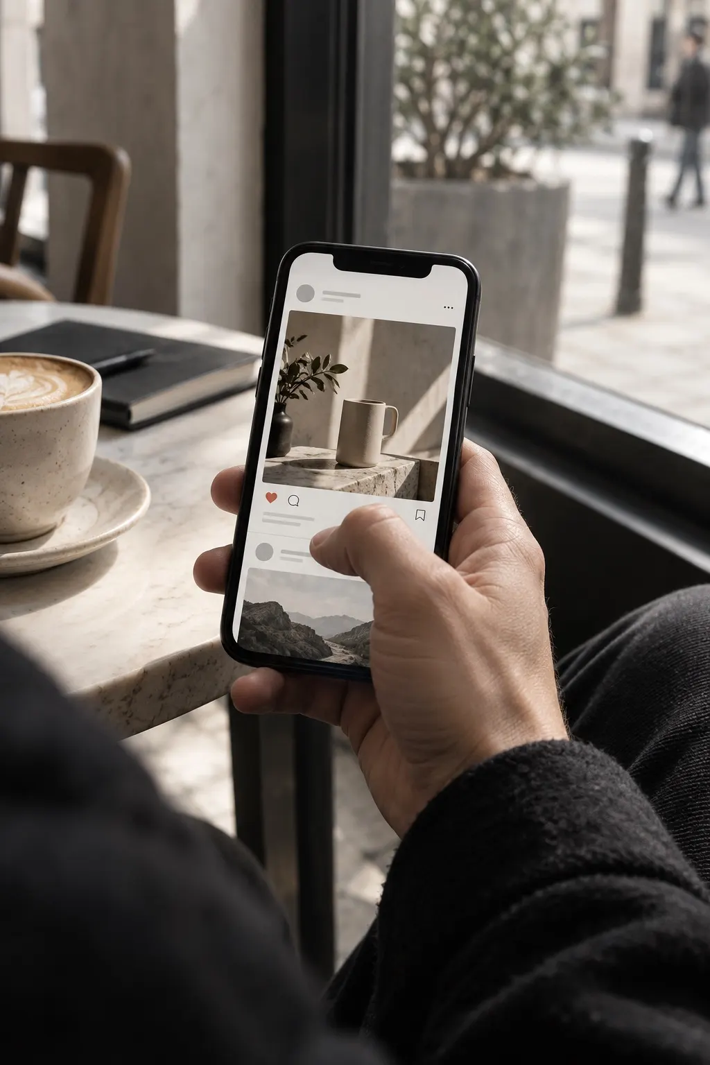 A hand holds a phone showing a social feed next to a coffee on a café table.