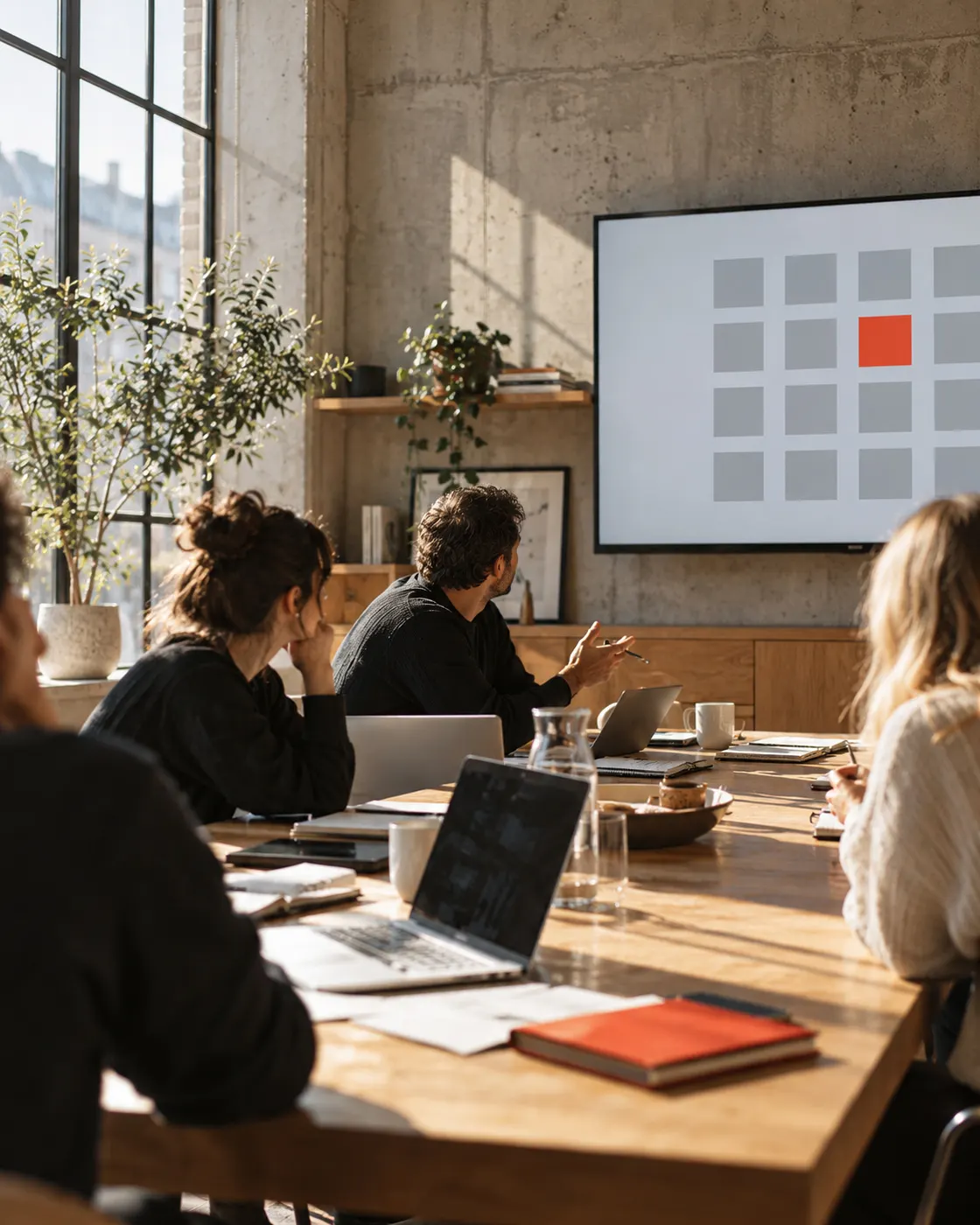 A planning team reviews an audience grid on a wall screen in a sunlit studio.