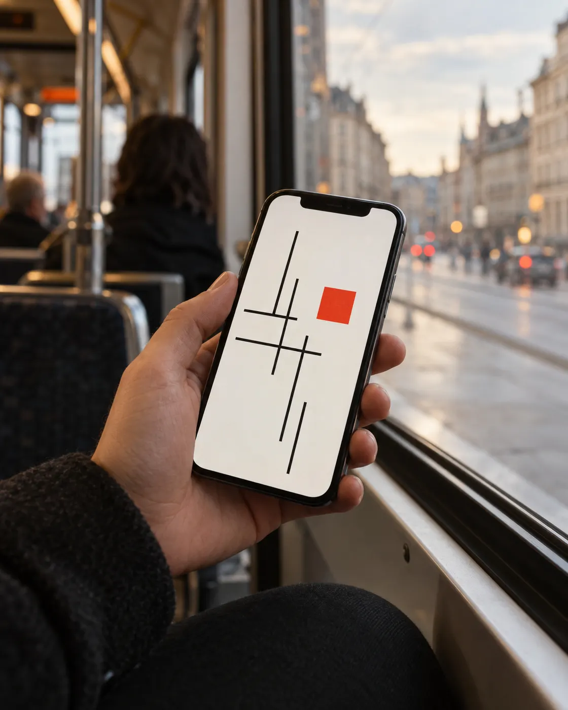 A commuter on a tram holds a phone showing a minimal ad with a red square.